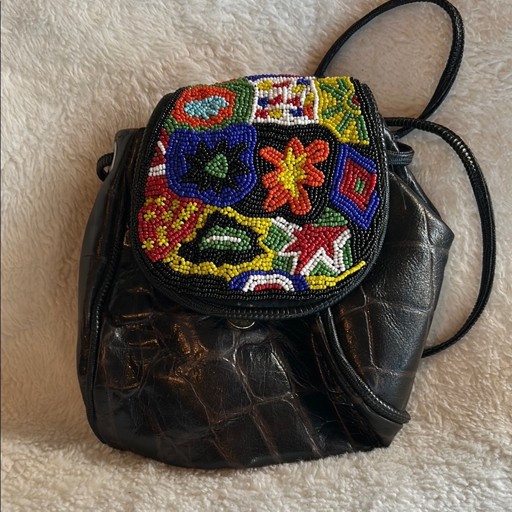Vintage Claudia Beaded Black Leather Women's Bag